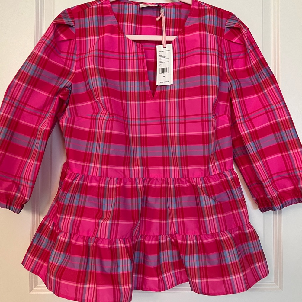 NWT Vineyard Vines Pink Silk Blouse. Taffeta Party Plaid Tiered Top